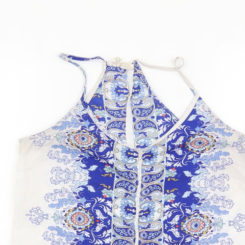 Japana Womens Blue Geometric Polyester Basic Tank Size S V-Neck
