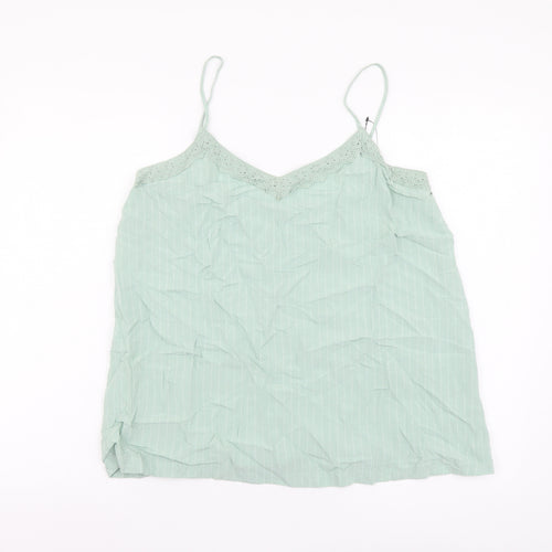 Marks and Spencer Womens Green Striped Linen Basic Tank Size 12 V-Neck - Lace Detail