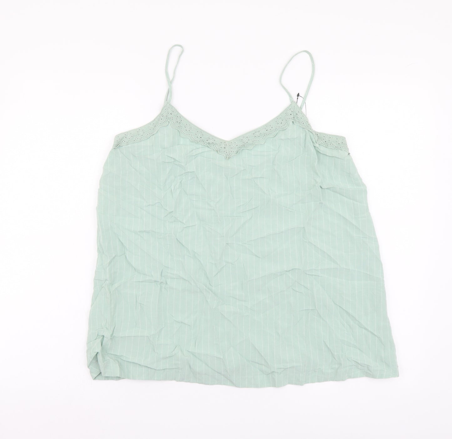 Marks and Spencer Womens Green Striped Linen Basic Tank Size 12 V-Neck - Lace Detail