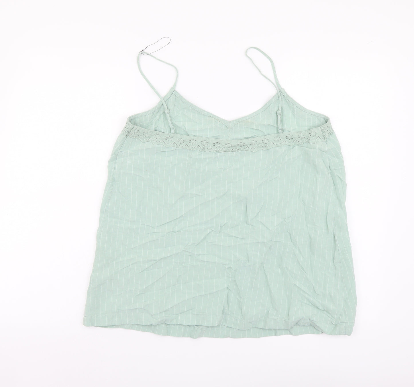 Marks and Spencer Womens Green Striped Linen Basic Tank Size 12 V-Neck - Lace Detail