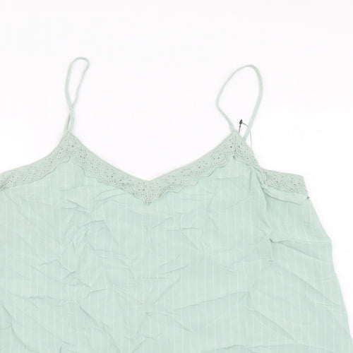 Marks and Spencer Womens Green Striped Linen Basic Tank Size 12 V-Neck - Lace Detail
