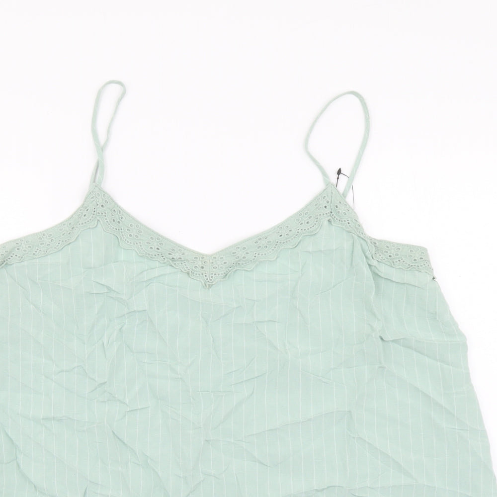 Marks and Spencer Womens Green Striped Linen Basic Tank Size 12 V-Neck - Lace Detail