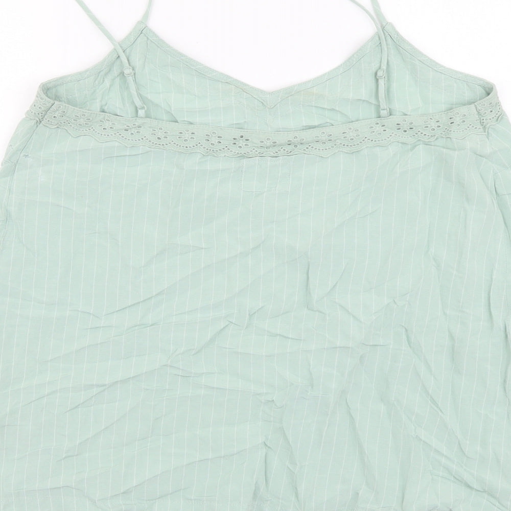 Marks and Spencer Womens Green Striped Linen Basic Tank Size 12 V-Neck - Lace Detail