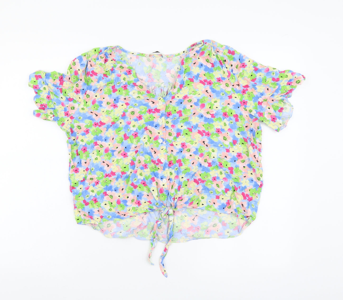 George Womens Multicoloured Floral Viscose Cropped Button-Up Size 16 V-Neck - Knot Front
