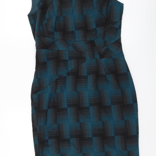 Marks and Spencer Womens Blue Geometric Polyester A-Line Size 10 Round Neck Zip