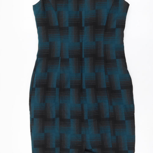Marks and Spencer Womens Blue Geometric Polyester A-Line Size 10 Round Neck Zip