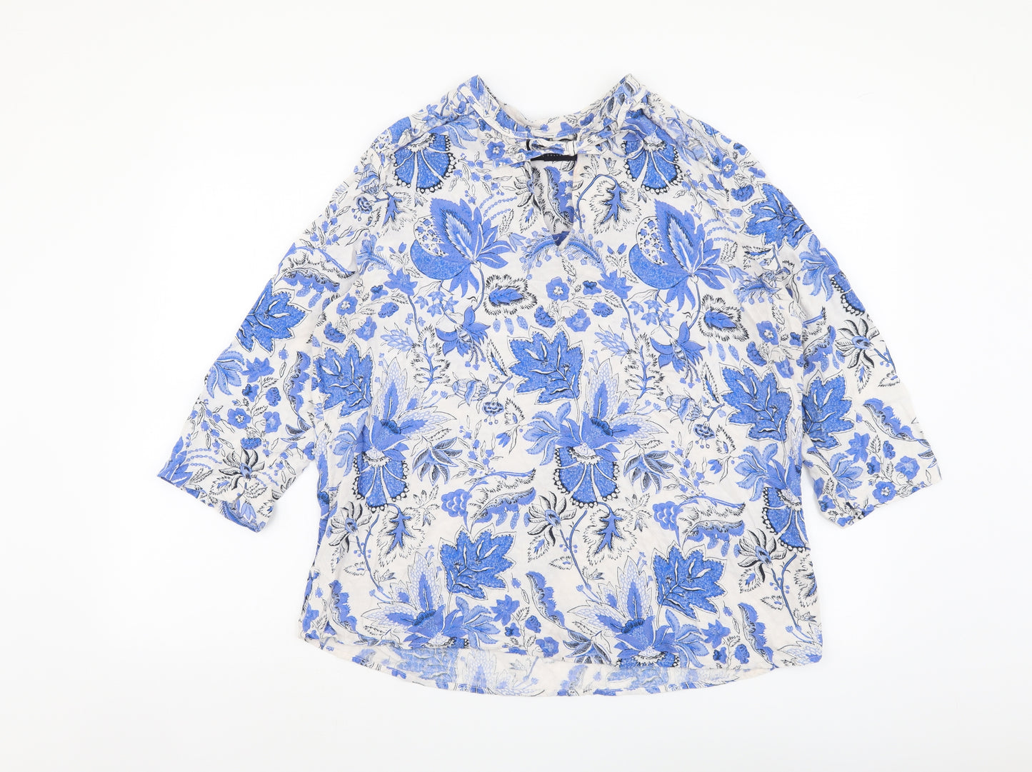 Marks and Spencer Womens Blue Floral Viscose Basic Blouse Size 16 Round Neck