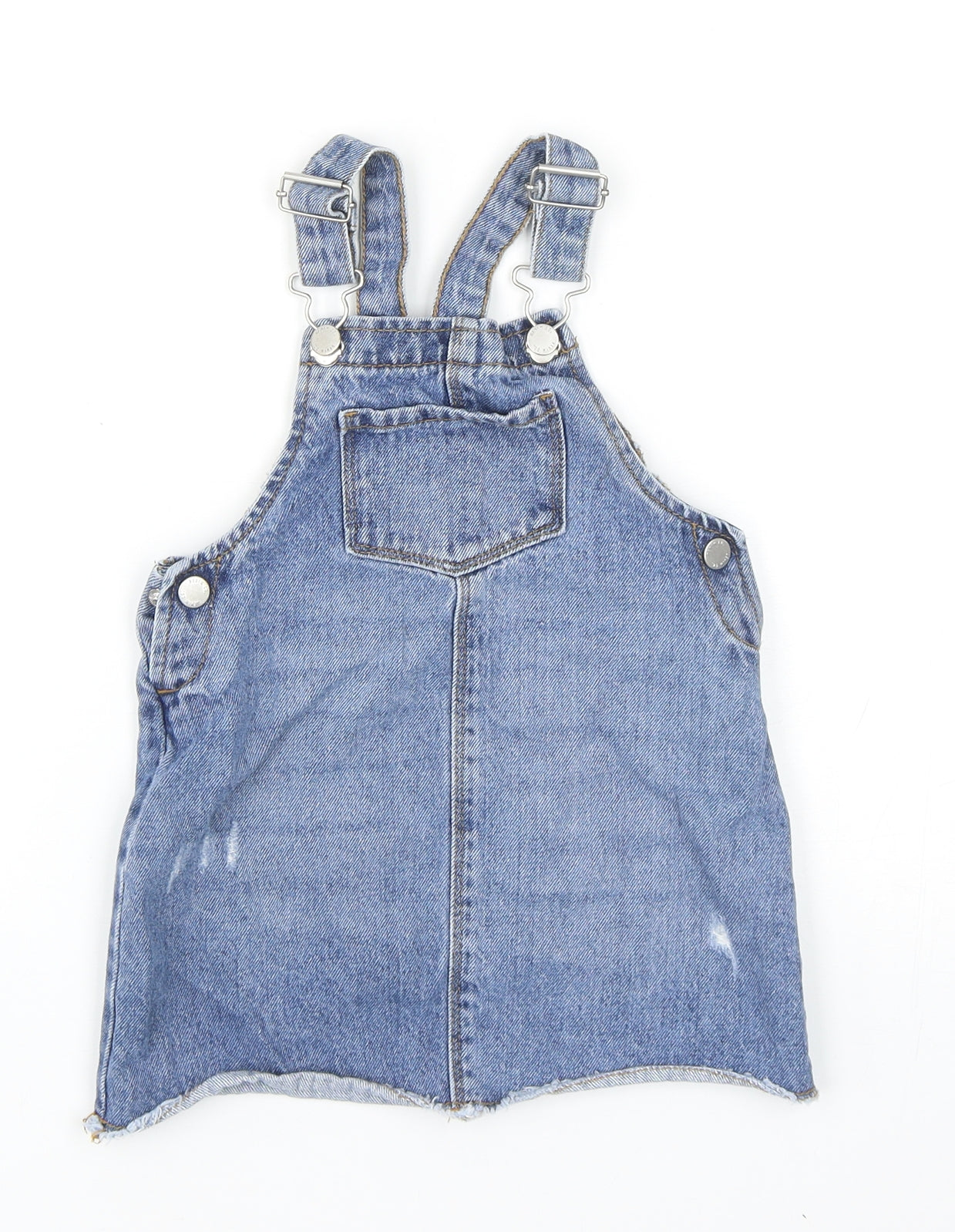 Primark Girls Blue Cotton Pinafore/Dungaree Dress Size 18-24 Months Square Neck Buckle