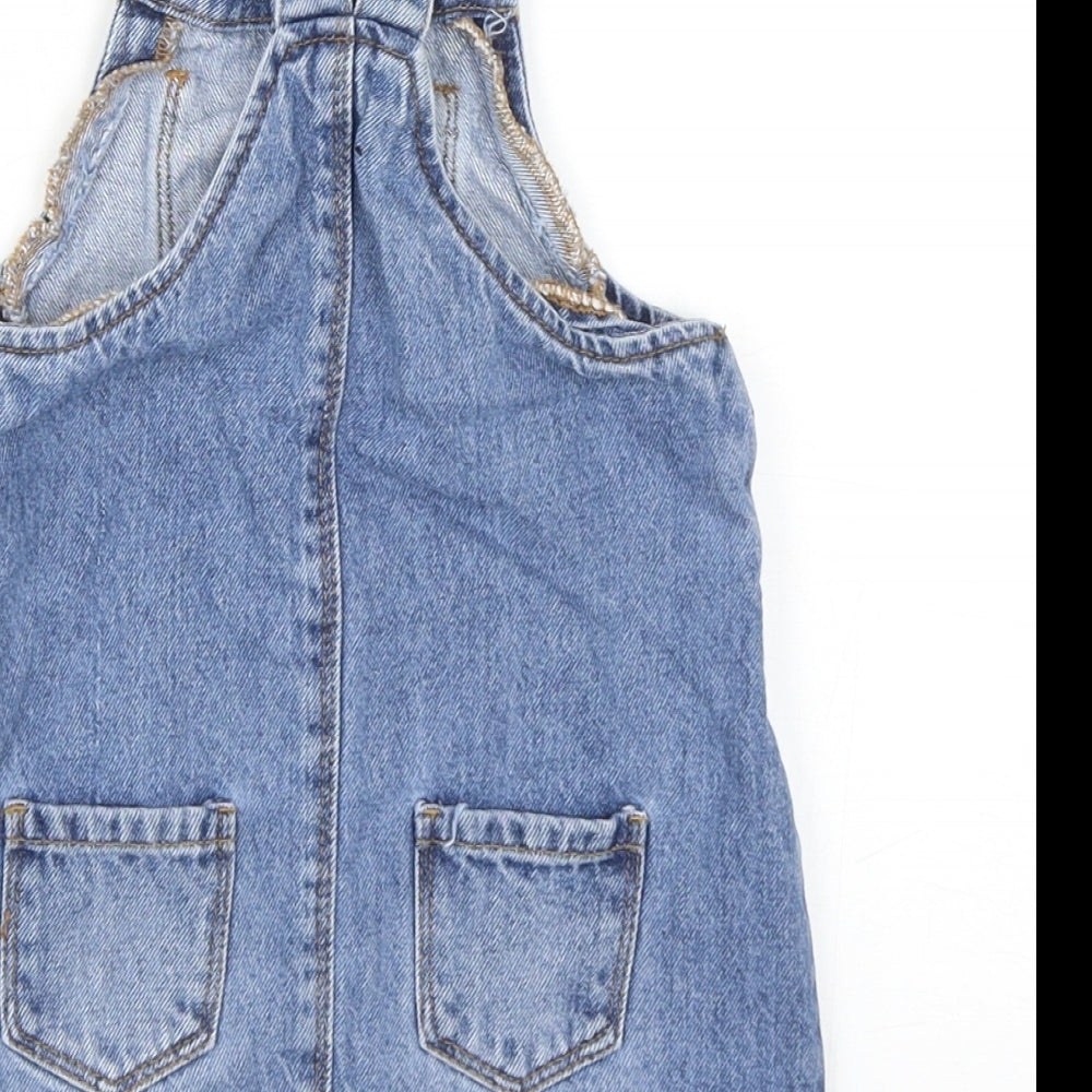 Primark Girls Blue Cotton Pinafore/Dungaree Dress Size 18-24 Months Square Neck Buckle