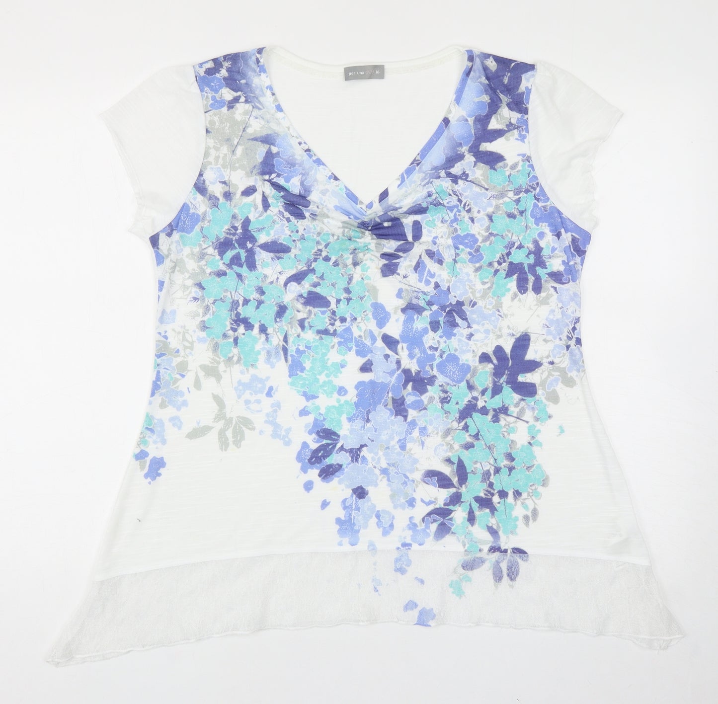 Per Una Womens Multicoloured Floral Polyester Basic T-Shirt Size 16 V-Neck