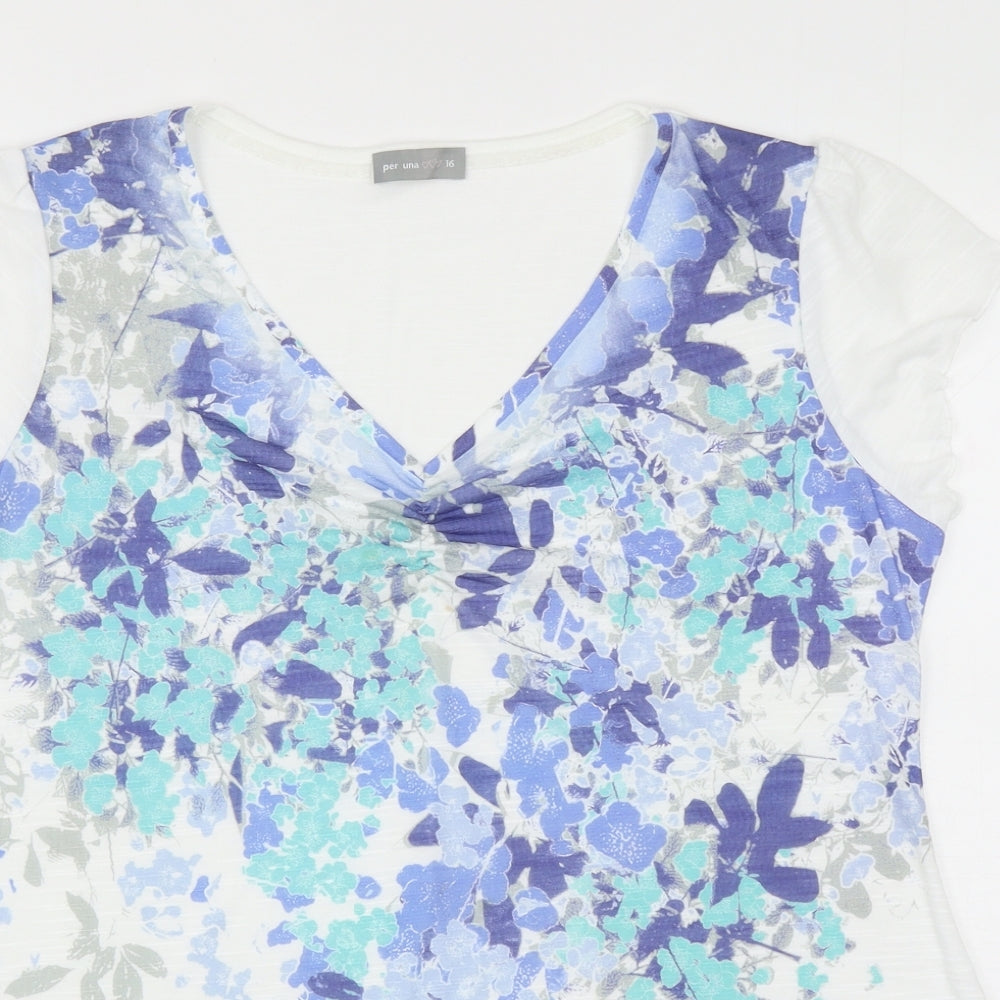 Per Una Womens Multicoloured Floral Polyester Basic T-Shirt Size 16 V-Neck