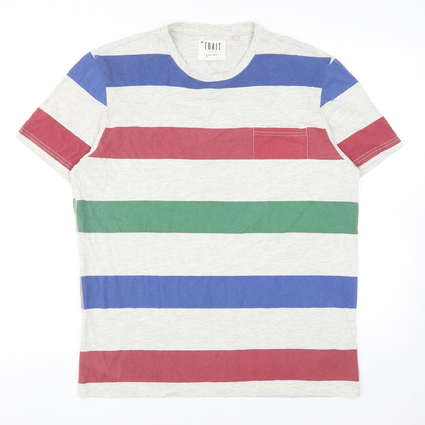 BHS Mens Multicoloured Striped Cotton T-Shirt Size M Round Neck