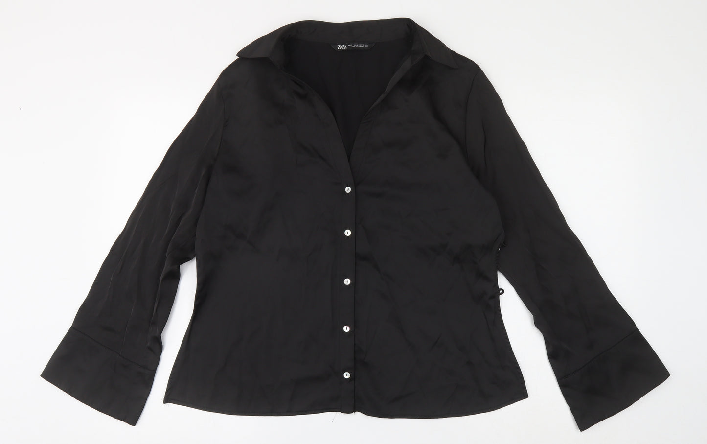 Zara Womens Black Polyester Basic Button-Up Size 16 Collared