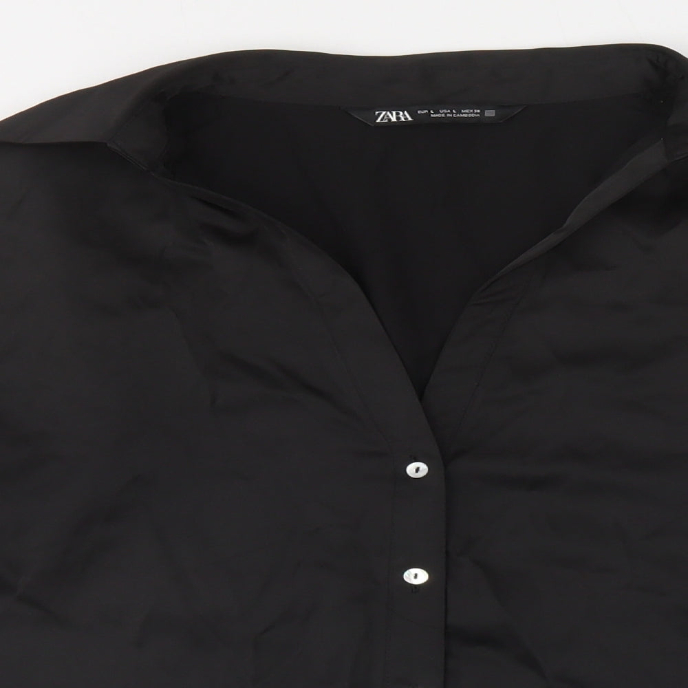 Zara Womens Black Polyester Basic Button-Up Size 16 Collared