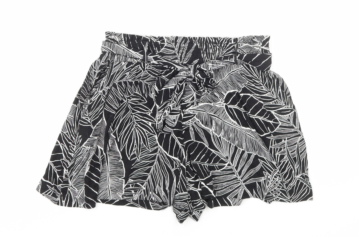 F&F Womens Black Floral Viscose Hot Pants Shorts Size 10 Regular Pull On
