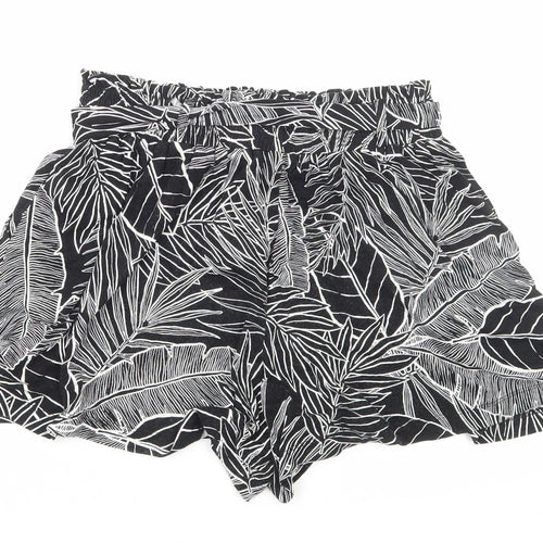 F&F Womens Black Floral Viscose Hot Pants Shorts Size 10 Regular Pull On