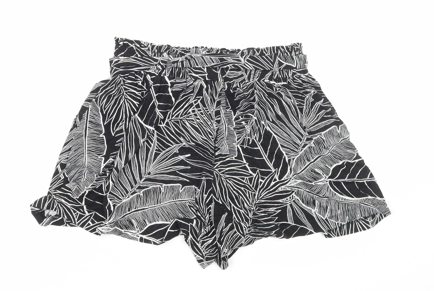 F&F Womens Black Floral Viscose Hot Pants Shorts Size 10 Regular Pull On