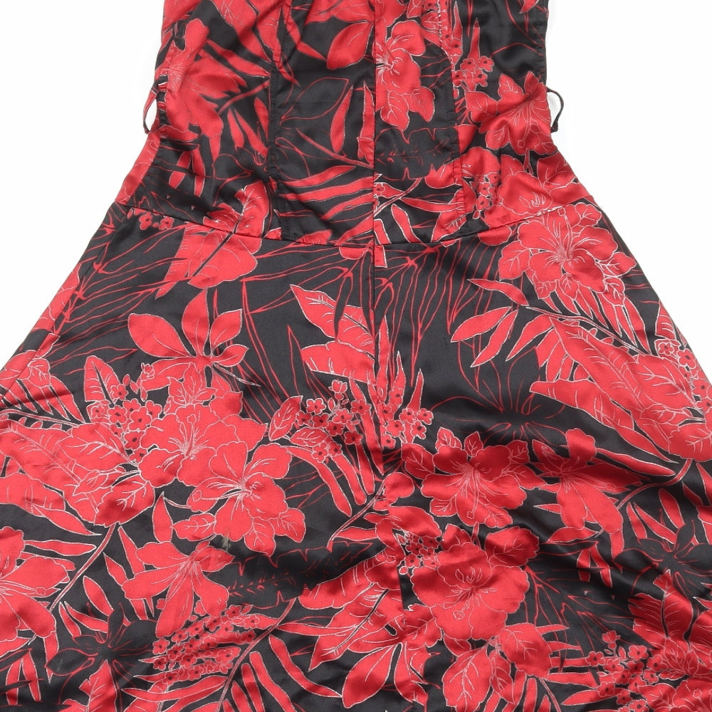 Jane Norman Womens Red Floral Polyester Fit & Flare Size 10 Off the Shoulder Zip