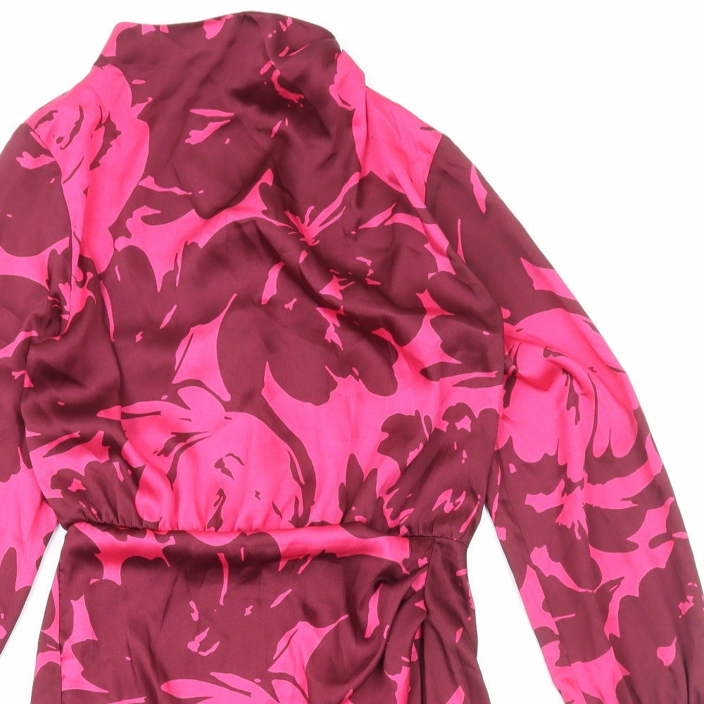 Zara Womens Pink Floral Polyester A-Line Size S Mock Neck Zip