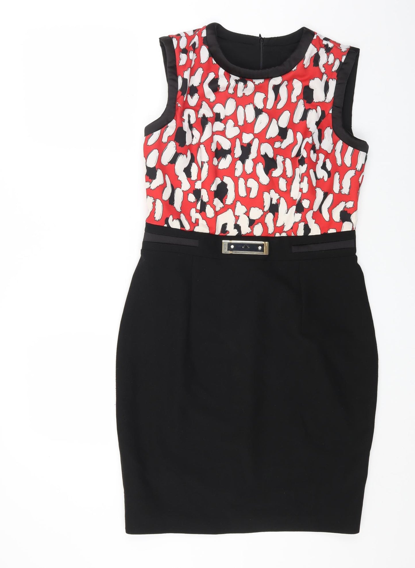 Preworn Womens Multicoloured Animal Print Polyester Pencil Dress Size 16 Round Neck Zip