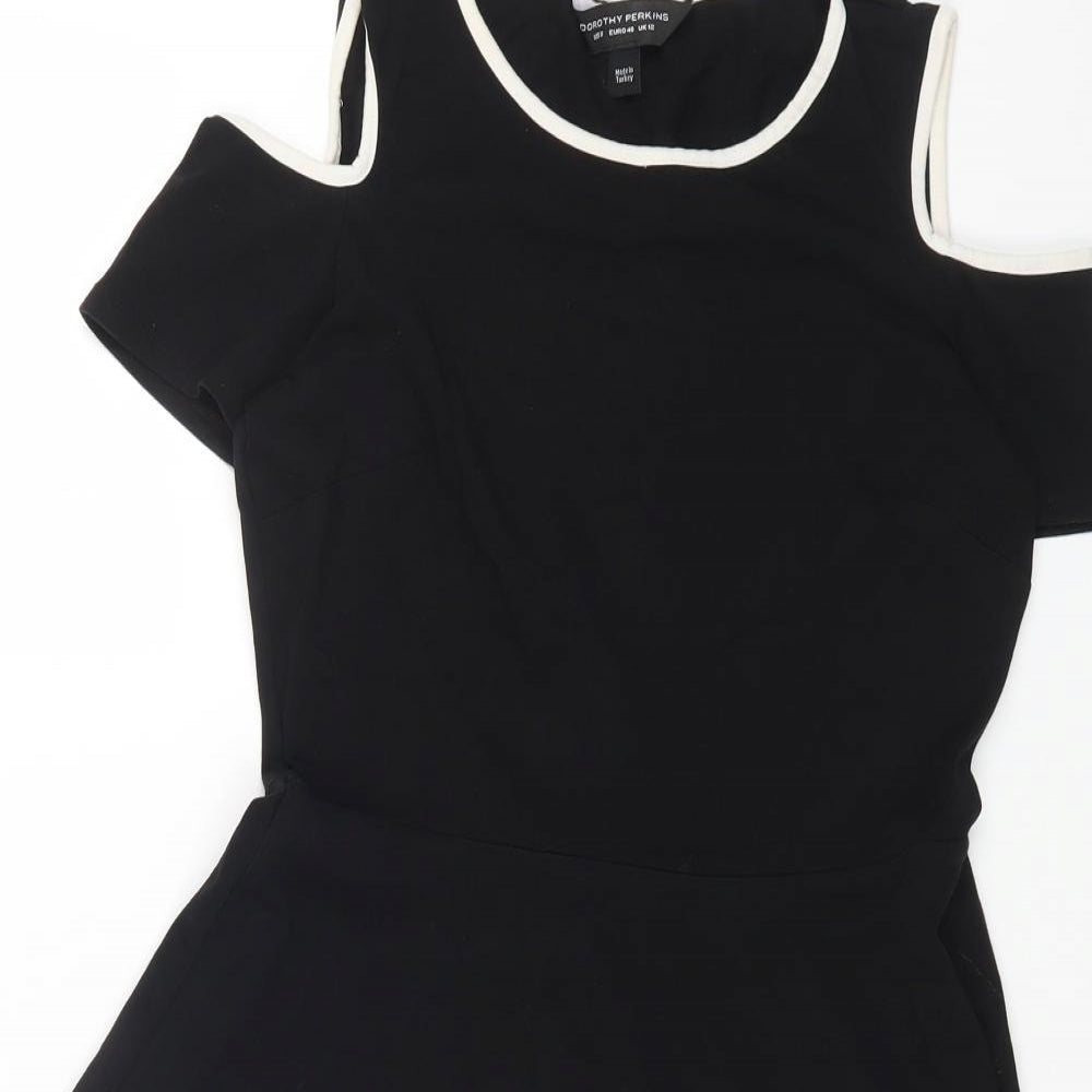 Dorothy Perkins Womens Black Cotton Skater Dress Size 12 Round Neck Pullover - Cold Shoulder