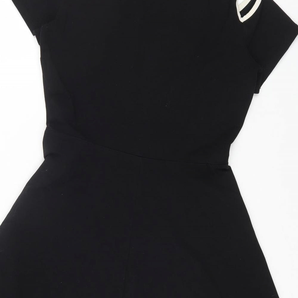 Dorothy Perkins Womens Black Cotton Skater Dress Size 12 Round Neck Pullover - Cold Shoulder
