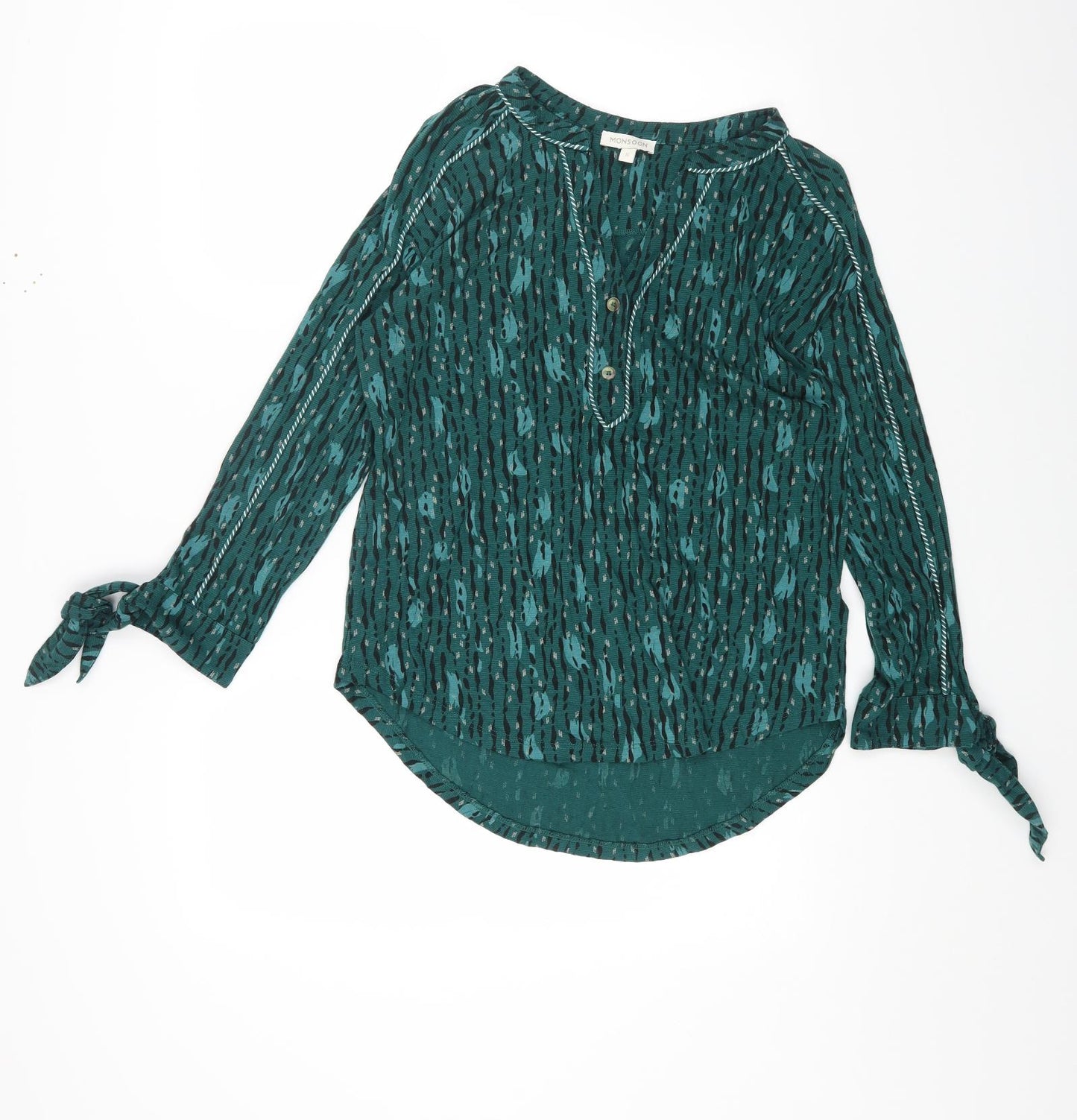Monsoon Womens Green Geometric Viscose Basic Blouse Size S V-Neck - Tie Sleeve Detail