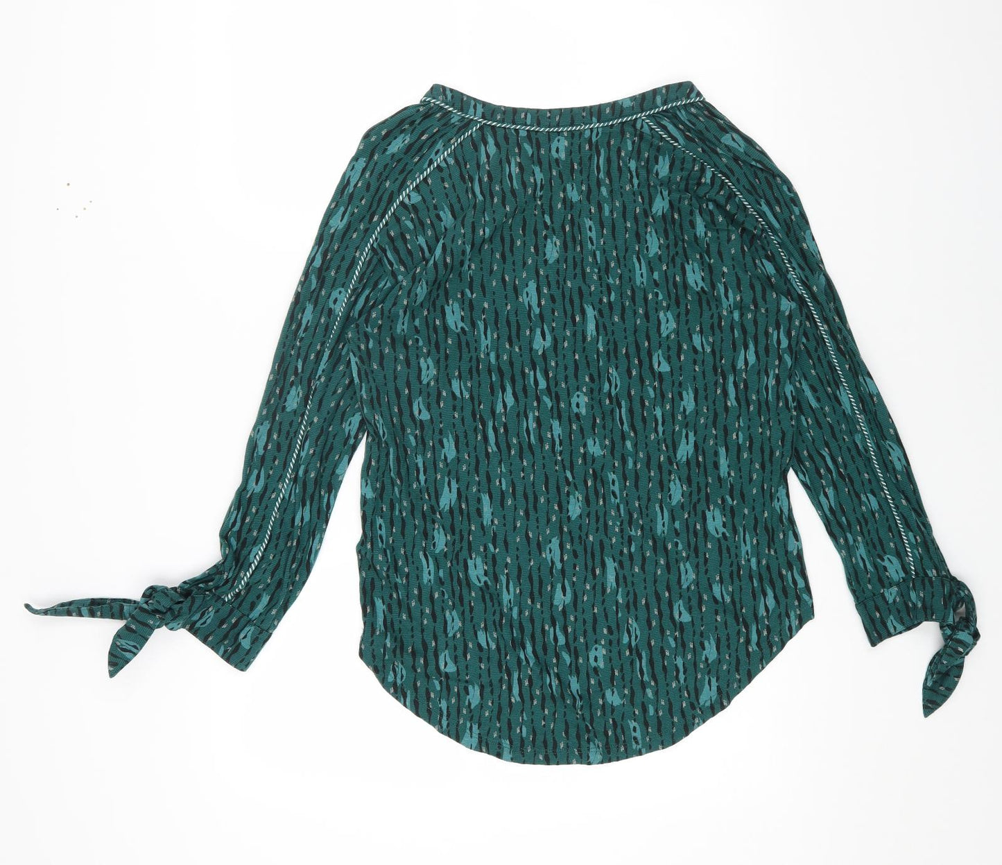 Monsoon Womens Green Geometric Viscose Basic Blouse Size S V-Neck - Tie Sleeve Detail