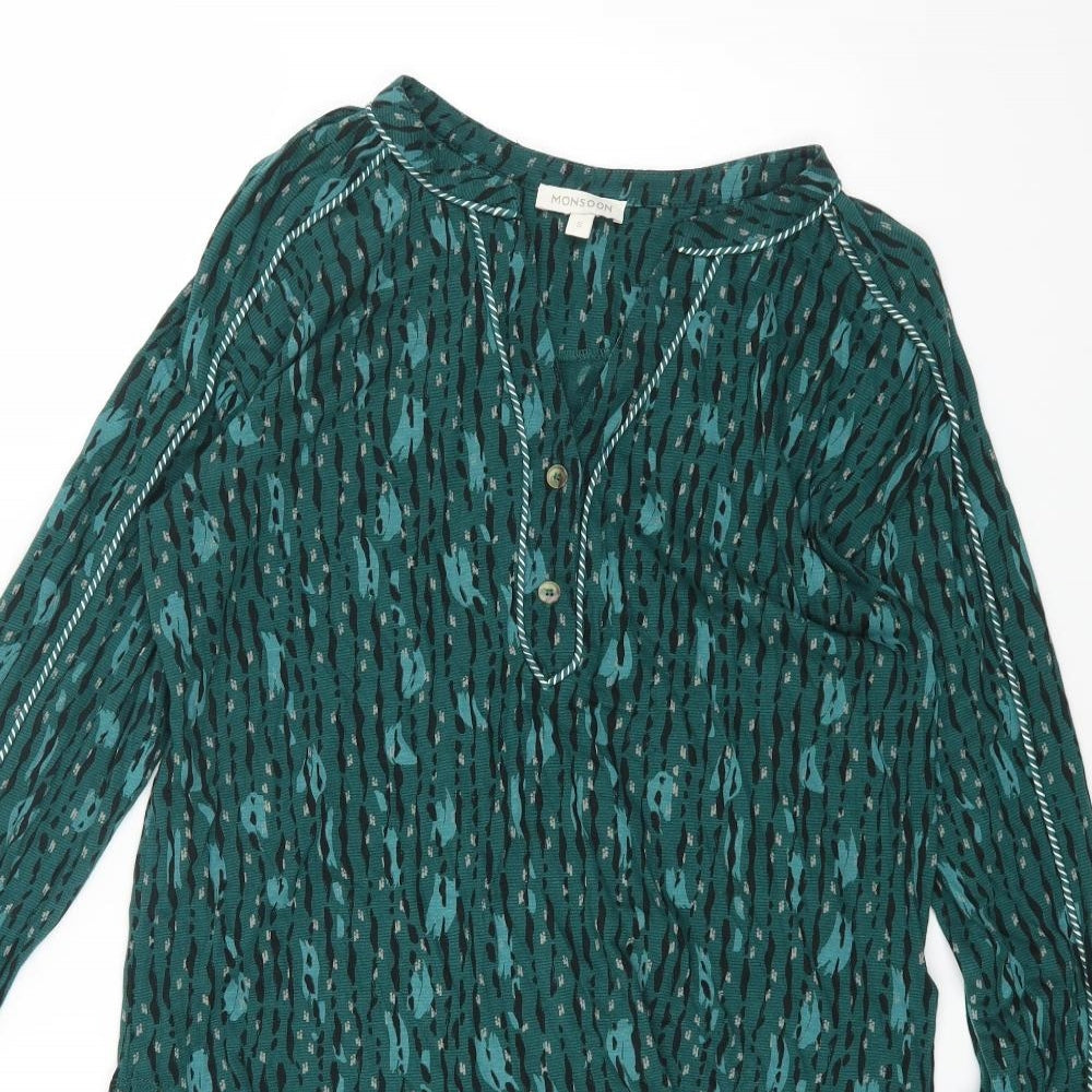 Monsoon Womens Green Geometric Viscose Basic Blouse Size S V-Neck - Tie Sleeve Detail