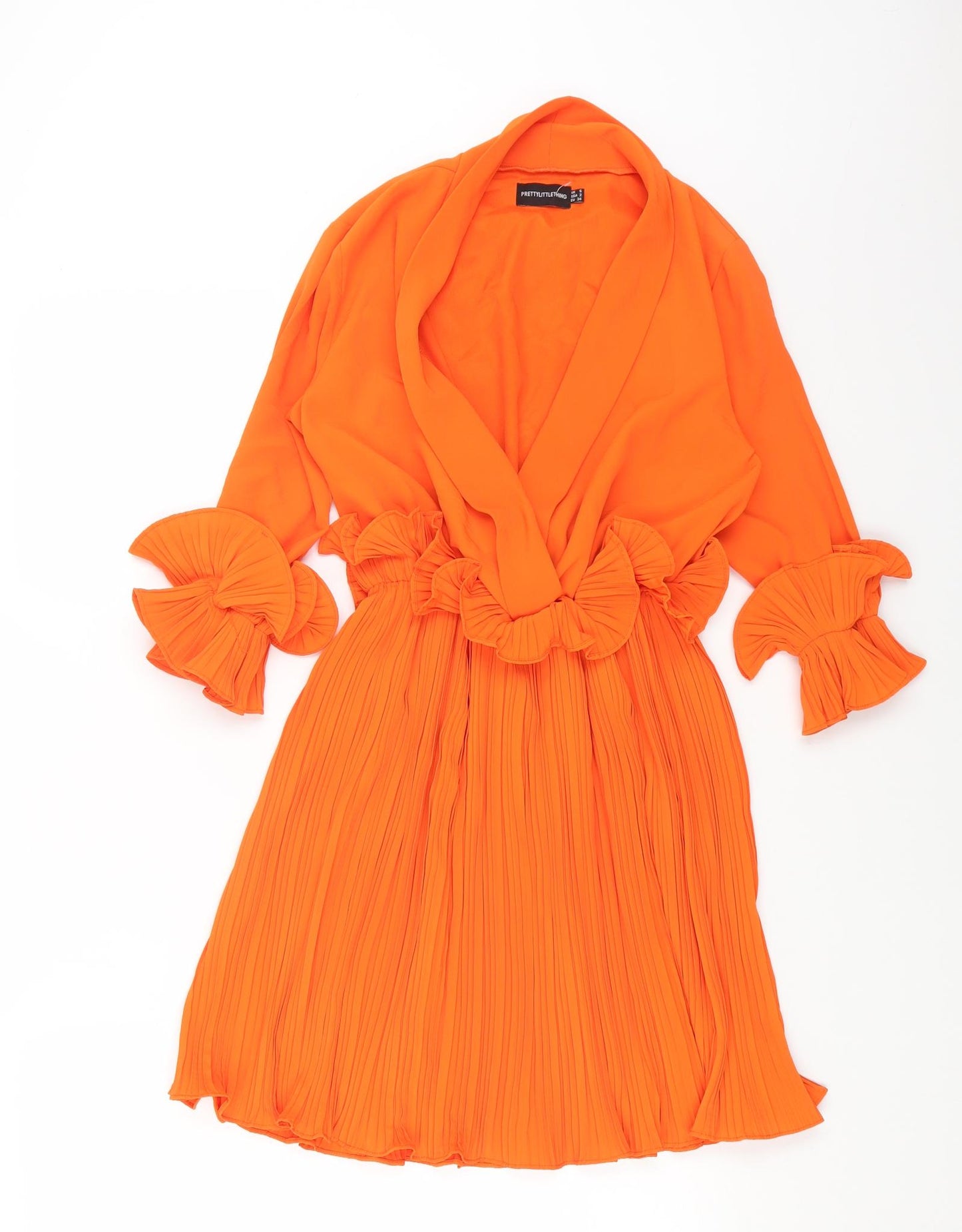 PRETTYLITTLETHING Womens Orange Polyester Skater Dress Size 6 V-Neck Pullover