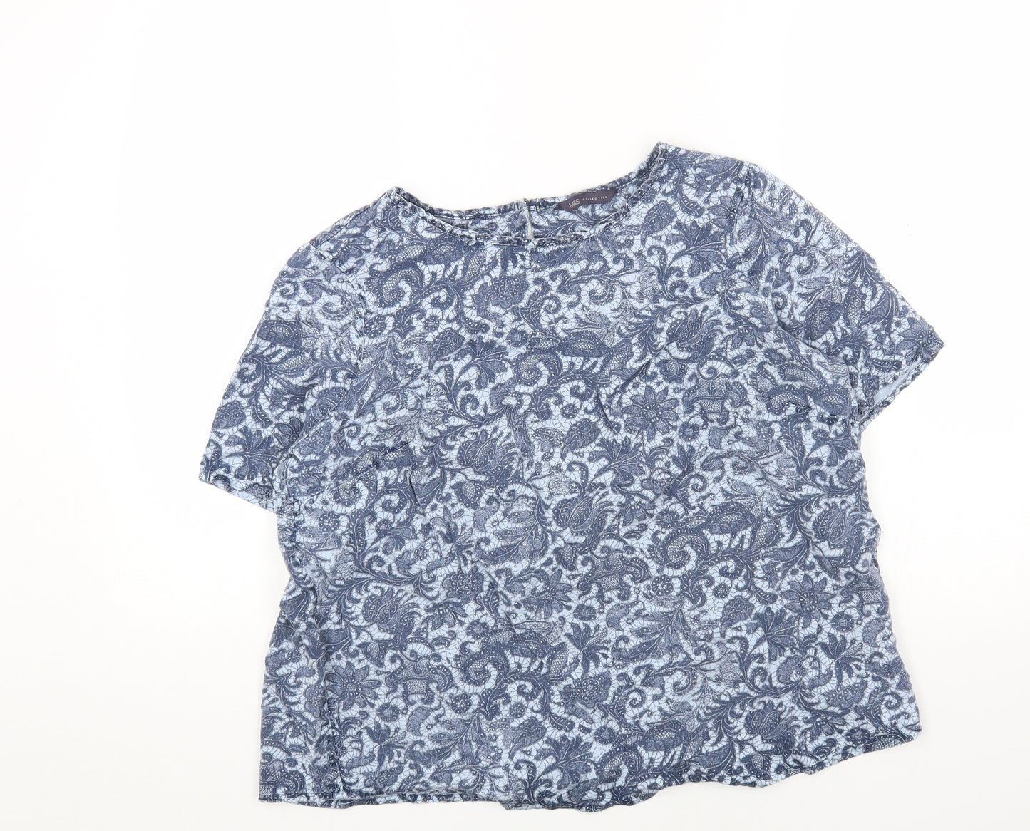 Marks and Spencer Womens Blue Floral Viscose Basic T-Shirt Size 16 Round Neck