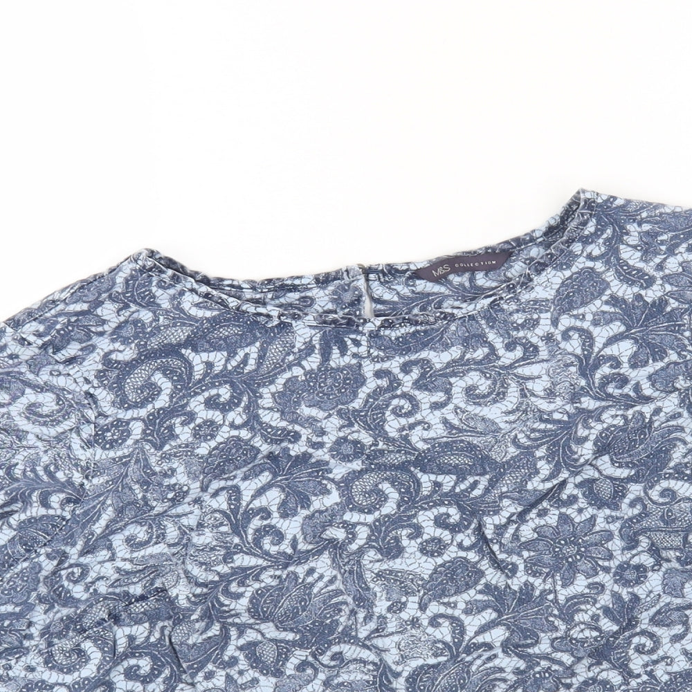 Marks and Spencer Womens Blue Floral Viscose Basic T-Shirt Size 16 Round Neck