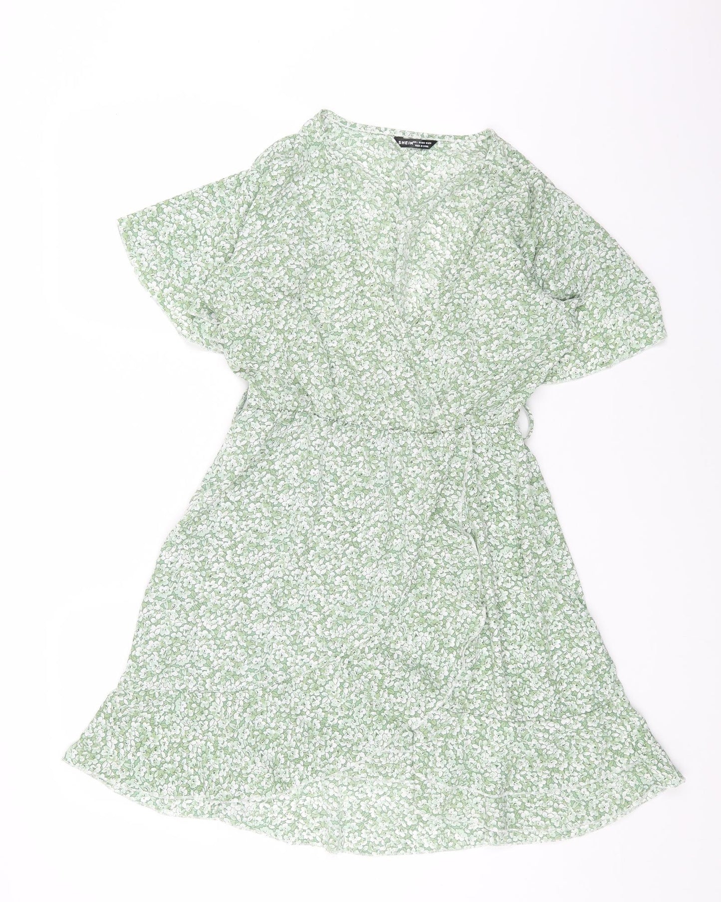 SheIn Womens Green Floral Polyester Wrap Dress Size L V-Neck Pullover