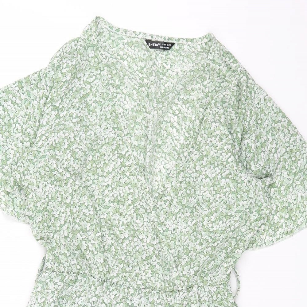 SheIn Womens Green Floral Polyester Wrap Dress Size L V-Neck Pullover