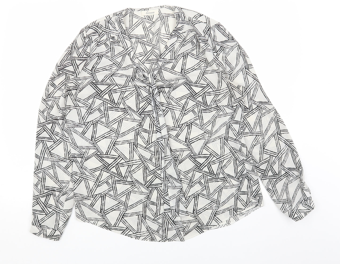 Linea Womens White Geometric Polyester Basic Blouse Size 12 V-Neck