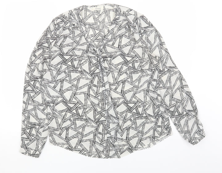 Linea Womens White Geometric Polyester Basic Blouse Size 12 V-Neck