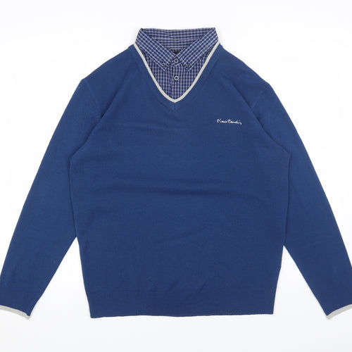 Pierre Cardin Mens Blue Collared Acrylic Pullover Jumper Size M