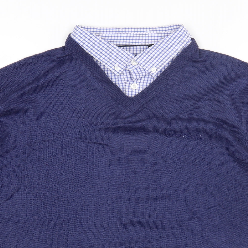 Pierre Cardin Mens Blue Collared Acrylic Pullover Jumper Size M