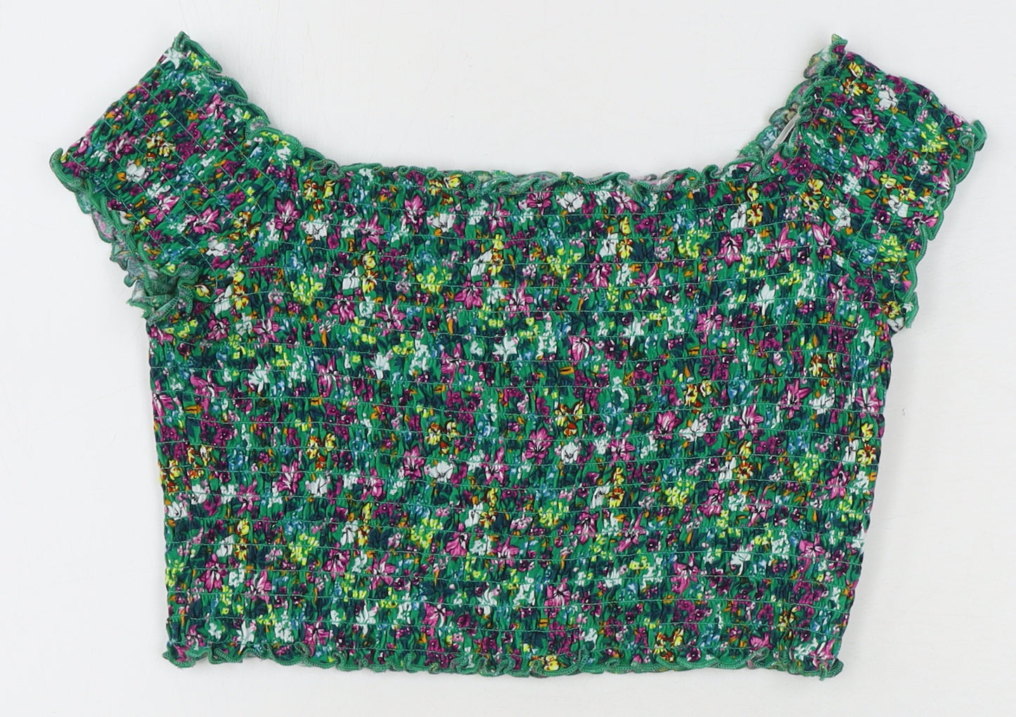 Divided by H&M Womens Multicoloured Floral Cotton Cropped Blouse Size M Boat Neck - Shirred Bardot