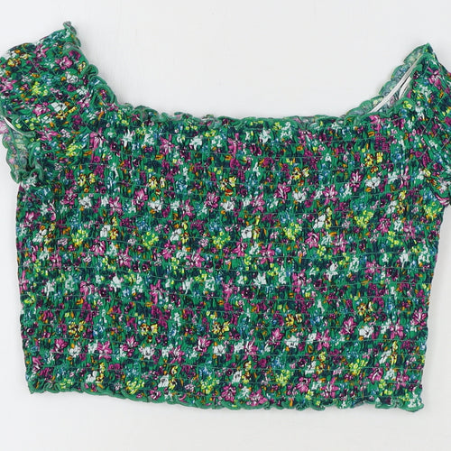 Divided by H&M Womens Multicoloured Floral Cotton Cropped Blouse Size M Boat Neck - Shirred Bardot