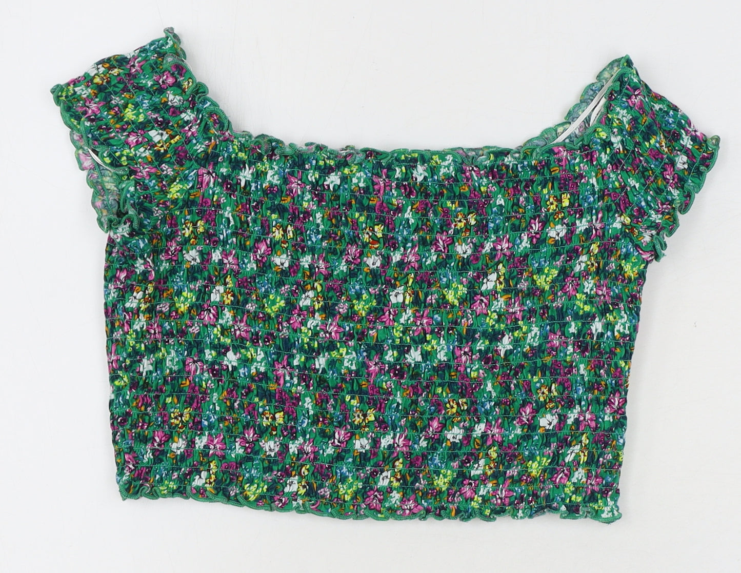 Divided by H&M Womens Multicoloured Floral Cotton Cropped Blouse Size M Boat Neck - Shirred Bardot
