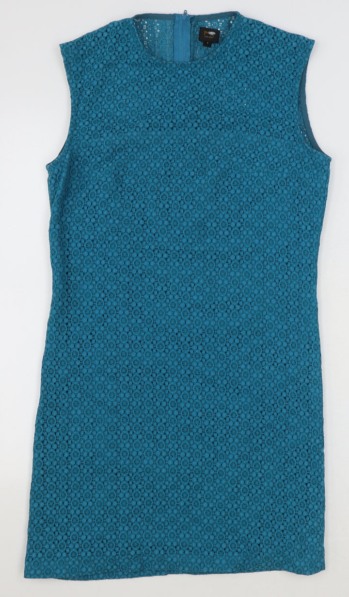 Pop England Womens Blue Geometric Cotton Shift Size 8 Round Neck Zip