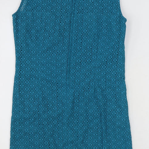 Pop England Womens Blue Geometric Cotton Shift Size 8 Round Neck Zip