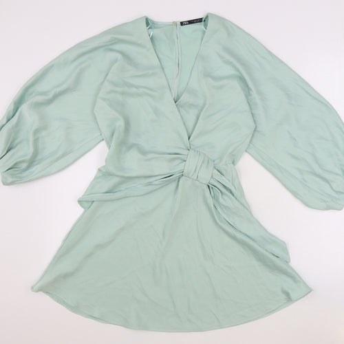 Zara Womens Green Polyester A-Line Size S V-Neck Button