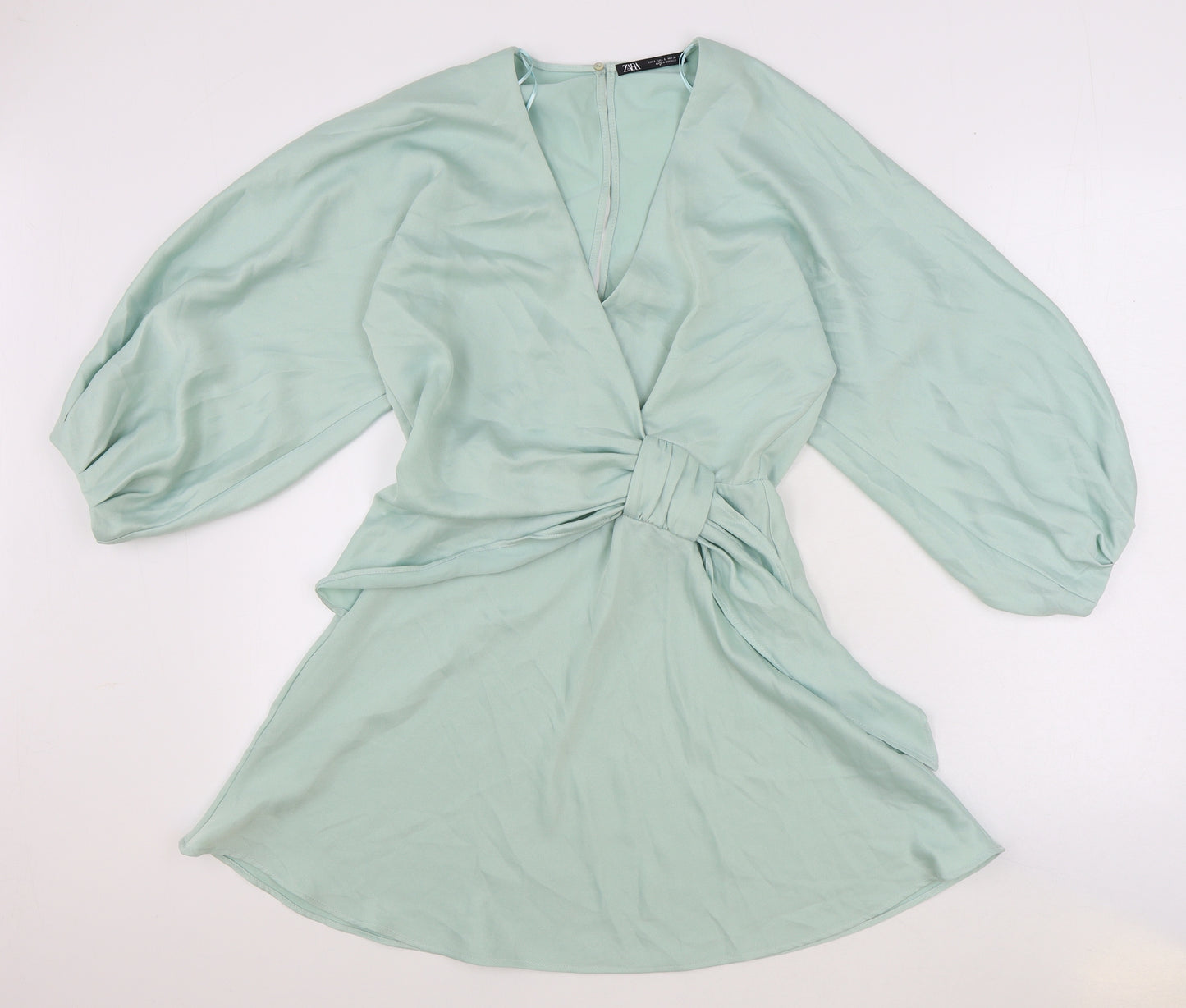 Zara Womens Green Polyester A-Line Size S V-Neck Button
