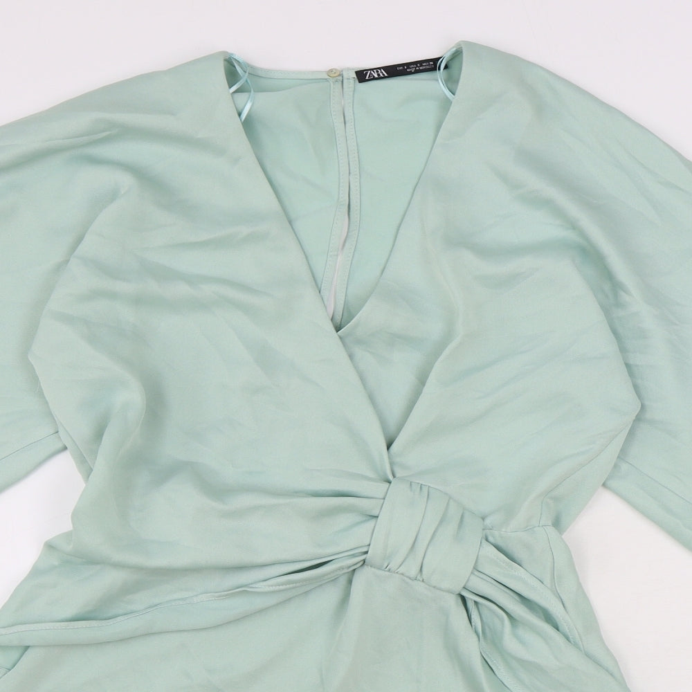 Zara Womens Green Polyester A-Line Size S V-Neck Button