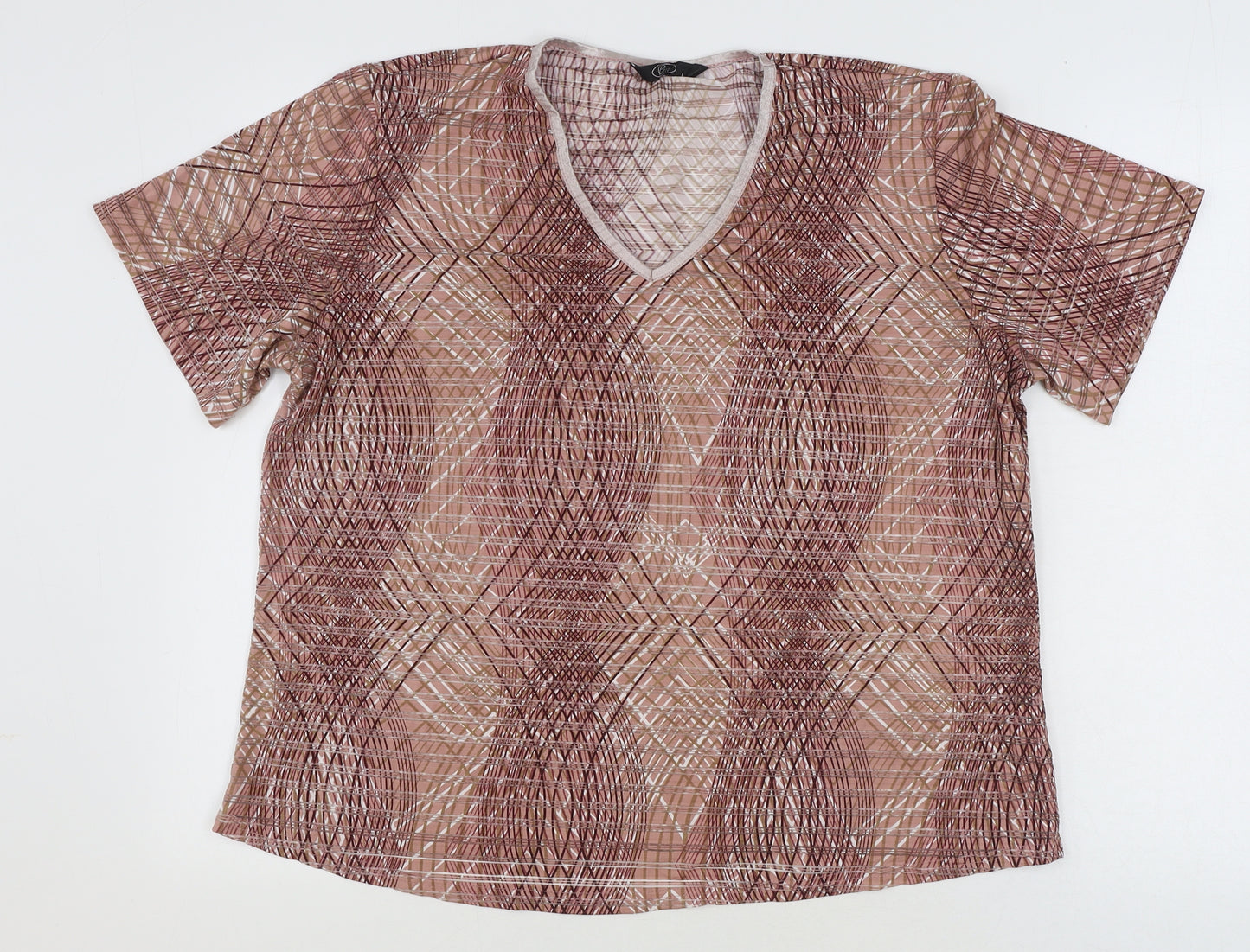 BM Womens Brown Geometric Polyester Basic T-Shirt Size L V-Neck