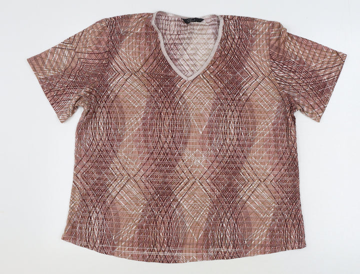 BM Womens Brown Geometric Polyester Basic T-Shirt Size L V-Neck