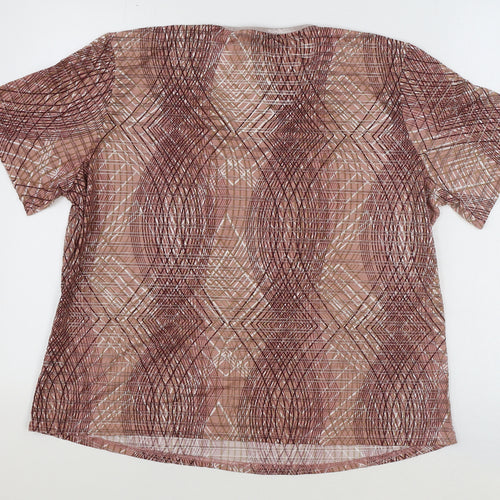 BM Womens Brown Geometric Polyester Basic T-Shirt Size L V-Neck