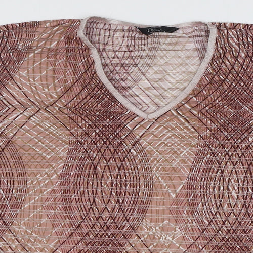 BM Womens Brown Geometric Polyester Basic T-Shirt Size L V-Neck